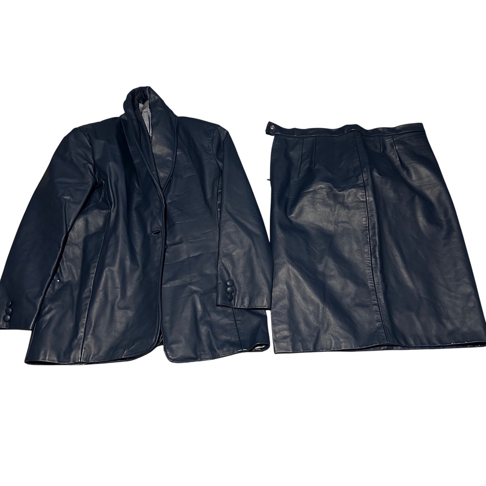 Navy Gray Blue Leather Blazer Jacket and Skirt Set Two Piece‎ Outfit